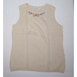 Haband Womens NEW w/Tags Sleeveless Flower Embroidered Tan Sweater - sz. L